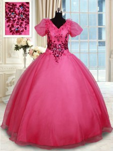 Beading Quinceanera Gown Coral Red Lace Up Short Sleeves Floor Length