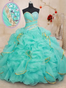 Floor Length Apple Green Quinceanera Gown Organza Sleeveless Beading and Ruffles and Sequins
