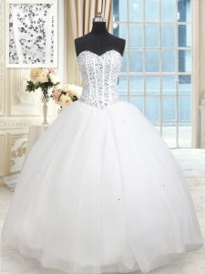 Sequins Ruffled Ball Gowns Quince Ball Gowns White Sweetheart Tulle Sleeveless Floor Length Lace Up