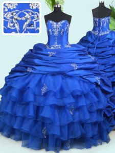 Royal Blue Organza and Taffeta Lace Up 15 Quinceanera Dress Sleeveless With Train Court Train Beading and Ruffled Layers and Pick Ups
