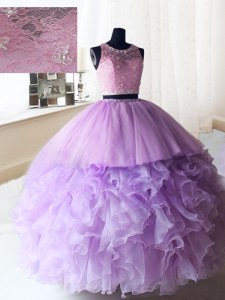 Scoop Sleeveless Organza and Tulle Quince Ball Gowns Beading and Ruffles Zipper