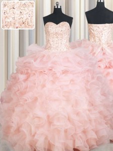 Baby Pink Organza Lace Up Quinceanera Gown Sleeveless Floor Length Beading and Ruffles