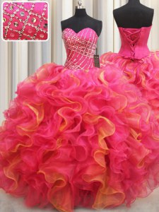 Multi-color Ball Gowns Organza Sweetheart Sleeveless Beading and Ruffles Floor Length Lace Up Quinceanera Dresses