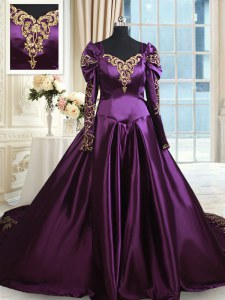 Elegant Dark Purple Off The Shoulder Zipper Beading and Embroidery 15th Birthday Dress Chapel Train Long Sleeves