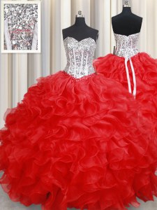 Sophisticated Floor Length Red Sweet 16 Dresses Organza Sleeveless Beading and Ruffles