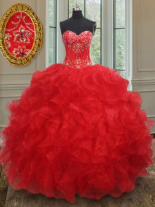 Beauteous Organza Sweetheart Sleeveless Lace Up Beading and Ruffles Sweet 16 Dresses in Red