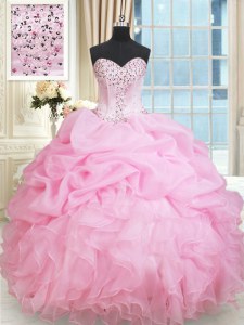 Rose Pink Ball Gowns Organza Sweetheart Sleeveless Beading and Ruffles and Pick Ups Floor Length Lace Up Sweet 16 Quinceanera Dress