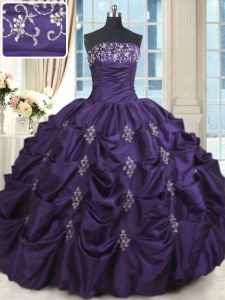 Inexpensive Sleeveless Taffeta Floor Length Lace Up Ball Gown Prom Dress in Purple with Beading and Appliques