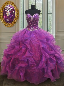 Fabulous Purple Ball Gowns Sweetheart Sleeveless Organza Floor Length Lace Up Beading and Ruffles and Sequins Quince Ball Gowns