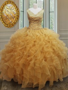 Charming Sleeveless Organza Floor Length Zipper Quinceanera Gown in Gold with Beading and Ruffles