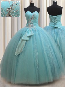 Pretty Sleeveless Floor Length Beading and Bowknot Lace Up Quinceanera Dress with Aqua Blue