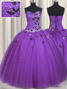 Sleeveless Floor Length Beading and Appliques Lace Up Sweet 16 Dress with Eggplant Purple