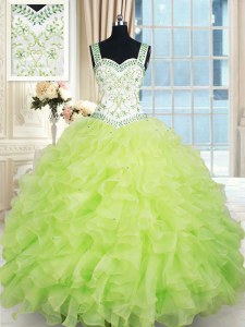 Cheap Straps Sleeveless Floor Length Beading and Ruffles Lace Up Sweet 16 Quinceanera Dress with Yellow Green