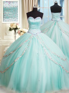 Flirting Sweetheart Sleeveless Quinceanera Gowns With Brush Train Beading Apple Green Tulle
