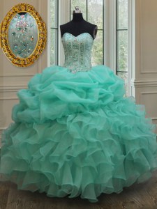 Traditional Apple Green Ball Gown Prom Dress Military Ball and Sweet 16 and Quinceanera and For with Beading and Ruffles Sweetheart Sleeveless Lace Up