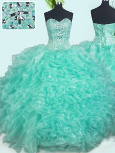 Popular Turquoise Ball Gowns Organza Sweetheart Sleeveless Beading and Ruffles Floor Length Lace Up Quinceanera Dresses
