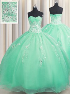 Organza Sweetheart Sleeveless Zipper Beading and Appliques Quinceanera Gowns in Turquoise