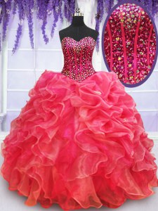 Sweet Floor Length Coral Red 15 Quinceanera Dress Organza Sleeveless Beading and Ruffles
