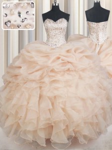 Champagne Sweetheart Neckline Beading and Ruffles and Pick Ups Sweet 16 Quinceanera Dress Sleeveless Lace Up