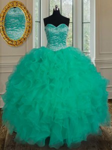 Romantic Turquoise Ball Gown Prom Dress Military Ball and Sweet 16 and Quinceanera and For with Beading and Ruffles Sweetheart Sleeveless Lace Up