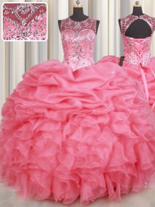 Ideal Watermelon Red Scoop Neckline Beading and Ruffles and Pick Ups 15 Quinceanera Dress Sleeveless Lace Up