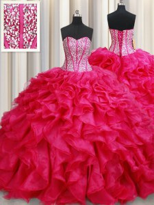 Artistic Coral Red Sweetheart Lace Up Beading and Ruffles Sweet 16 Dress Brush Train Sleeveless