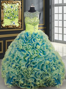 Scoop See Through Fabric With Rolling Flowers Sleeveless Quinceanera Gowns Brush Train and Beading and Sequins