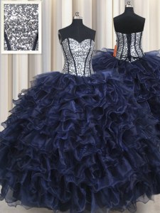 Navy Blue Organza Lace Up Sweet 16 Dresses Sleeveless Floor Length Ruffled Layers and Sequins