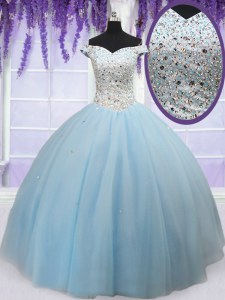 Chic Light Blue Ball Gowns Tulle Off The Shoulder Sleeveless Beading Floor Length Lace Up Sweet 16 Quinceanera Dress