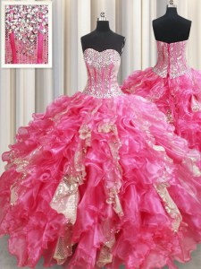 Affordable Hot Pink Lace Up Sweet 16 Dresses Beading and Ruffles and Sequins Sleeveless Floor Length