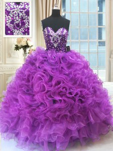 Eggplant Purple Ball Gowns Organza Sweetheart Sleeveless Beading and Ruffles Floor Length Lace Up Sweet 16 Quinceanera Dress