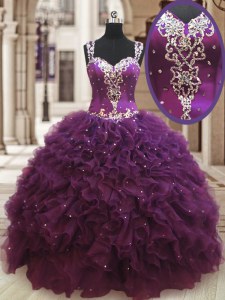 Dark Purple Straps Neckline Beading and Ruffles Quinceanera Dresses Sleeveless Zipper