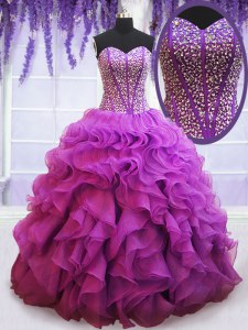 Custom Design Eggplant Purple Sleeveless Floor Length Beading and Ruffles Lace Up Ball Gown Prom Dress