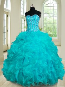 Adorable Teal Lace Up Quinceanera Gown Beading and Ruffles Sleeveless Floor Length