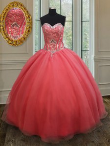 Sleeveless Organza Floor Length Lace Up Ball Gown Prom Dress in Pink with Beading