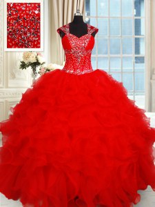 Hot Selling Red Organza Backless Sweetheart Cap Sleeves Floor Length 15th Birthday Dress Beading and Ruffles