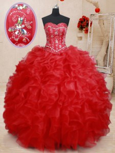 Attractive Red Sweetheart Lace Up Beading and Ruffles Vestidos de Quinceanera Sleeveless