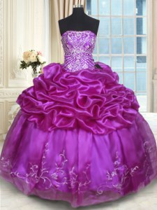 Eggplant Purple Vestidos de Quinceanera Military Ball and Sweet 16 and Quinceanera and For with Beading and Embroidery and Pick Ups Strapless Sleeveless Lace Up