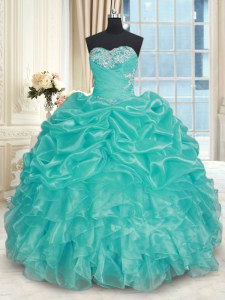 Ball Gowns Quince Ball Gowns Turquoise Sweetheart Organza Sleeveless Floor Length Lace Up