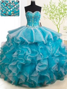 Sleeveless With Train Beading and Ruffles Lace Up 15th Birthday Dress with Teal Brush Train