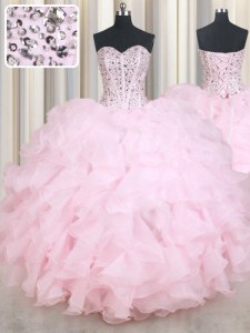High Class Floor Length Lace Up Vestidos de Quinceanera Baby Pink for Military Ball and Sweet 16 and Quinceanera with Beading and Ruffles