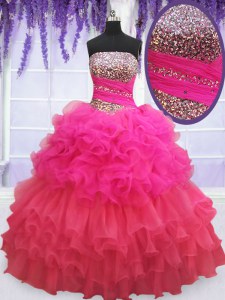 Strapless Sleeveless Organza 15 Quinceanera Dress Beading and Ruffles and Ruffled Layers and Sequins Lace Up