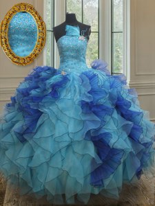 Blue Sleeveless Organza Lace Up Quinceanera Dresses for Military Ball and Sweet 16 and Quinceanera