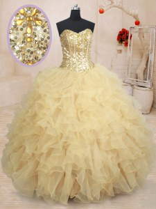 Custom Fit Sweetheart Sleeveless Sweet 16 Quinceanera Dress Floor Length Beading and Ruffles and Sequins Champagne Organza