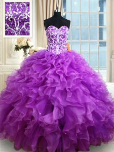 Chic Eggplant Purple Organza Lace Up 15 Quinceanera Dress Sleeveless Floor Length Beading and Ruffles