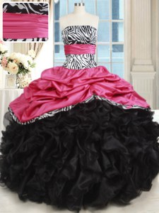 Pink And Black Organza and Taffeta Lace Up Strapless Sleeveless Floor Length Sweet 16 Dress Beading and Ruffles