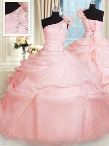 Romantic One Shoulder Beading and Hand Made Flower Quince Ball Gowns Pink Lace Up Sleeveless Floor Length