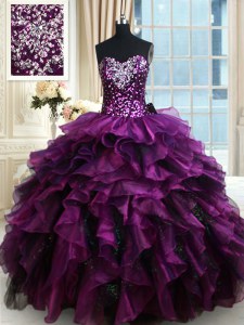 Sequins Ruffled Floor Length Ball Gowns Sleeveless Purple Quinceanera Gowns Lace Up