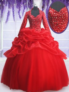 Perfect Sequins Pick Ups Red Long Sleeves Organza and Tulle Zipper Sweet 16 Quinceanera Dress for Military Ball and Sweet 16 and Quinceanera