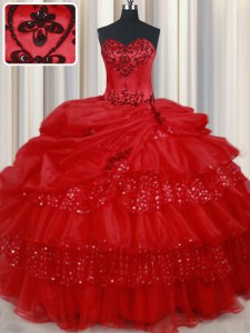 Admirable Sleeveless Floor Length Embroidery and Ruffled Layers and Sequins and Pick Ups Lace Up Ball Gown Prom Dress with Red